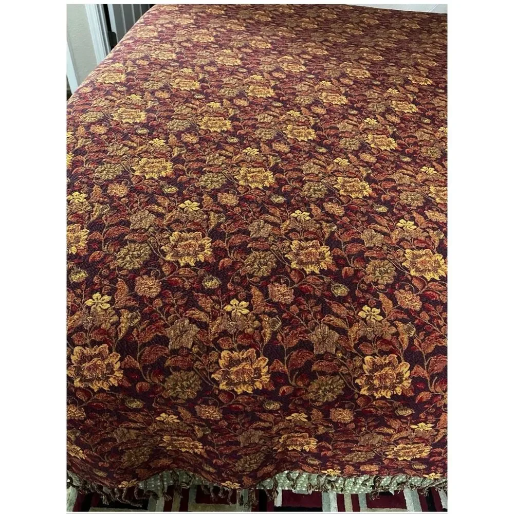 Crate and Barrel Tapestry Tablecloth 126” X66” Warm Fall Floral Colors W/ Fringe